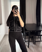 Komplet Sweterkowy Elegancki ze Spódnicą - Czarny z Białymi Przeszyciami