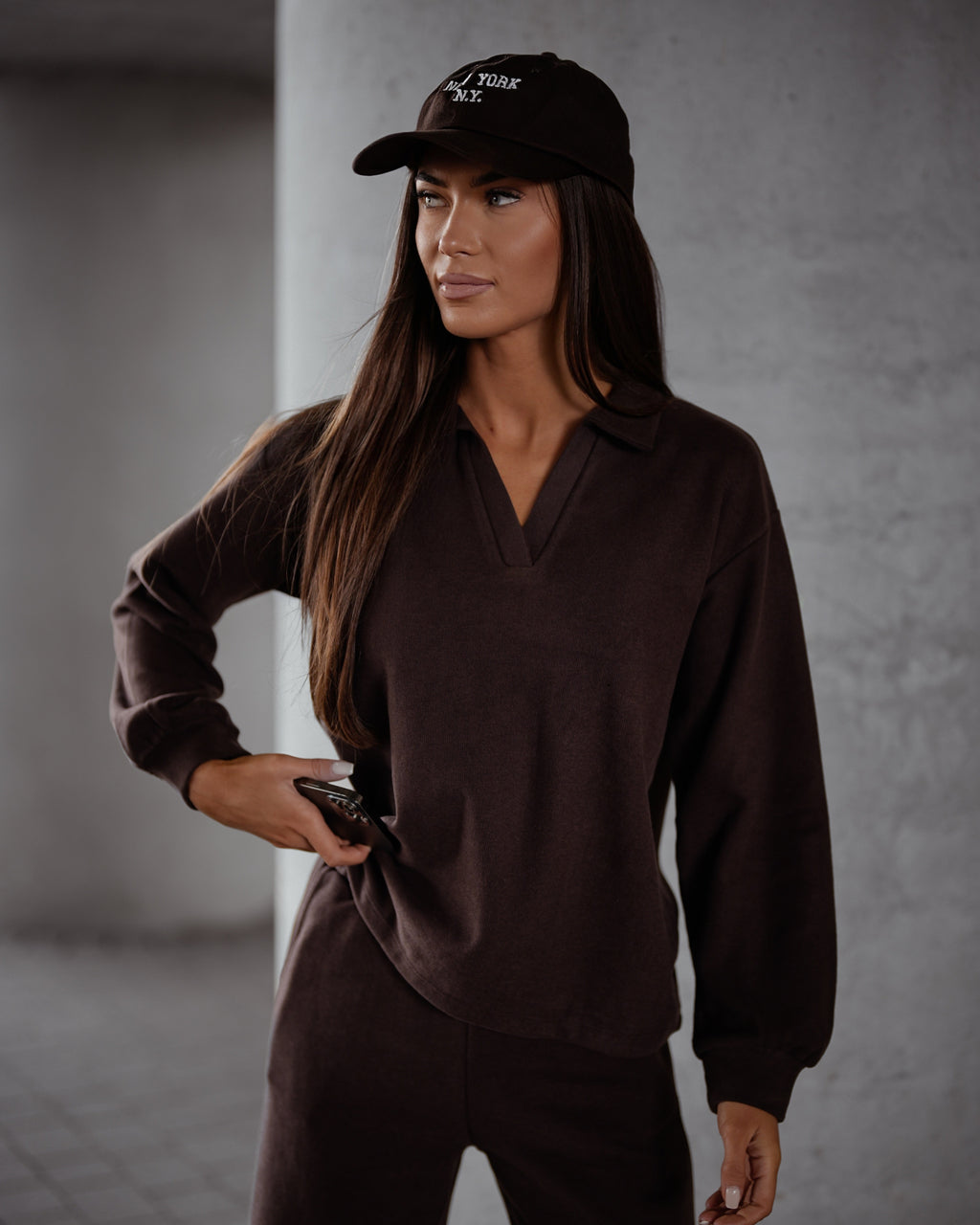 Komplet elegancki sweterkowy damski Polska czekoladowy