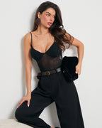 Body z siateczki z kryształkami - eleganckie damskie body wieczorowe z usztywnianymi miseczkami