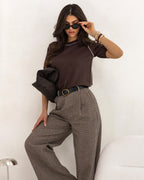 Damski sweter z krótkim rękawem, okrągły dekolt z kontrastowym wykończeniem
