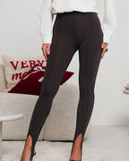 Brązowe legginsy damskie typu stirrup z paskami pod stopę