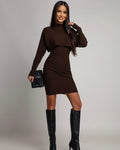 Dwuczęściowy komplet sweterkowy w kolorze czekoladowym - elegancka sukienka dzianinowa na jesień i zimę

