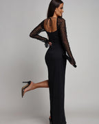 Sukienka maxi czekoladowa z rozcięciem perełkowe rękawy - widok z tyłu