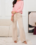 Beżowe spodnie damskie wide leg z szerokimi nogawkami i elastyczną talią - Lavero Boutique
