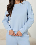 Komplet wiskozowy niebieski bluza i spodnie wide leg 
