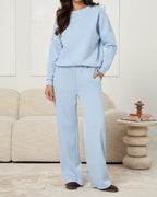 Komplet wiskozowy pudrowo niebieski - bluza oversize i spodnie wide leg damskie - Lavero Boutique
